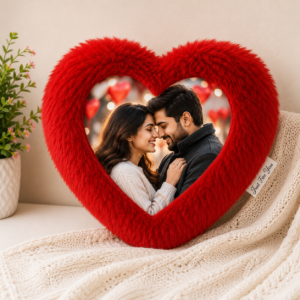 Custom Photo Heart Cushion | Red Fur Personalized Pillow | Romantic Couple Gift | Customized Picture Cushion for Birthday & Anniversary